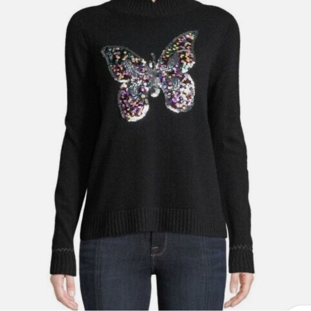 LISA TODD Sequined Butterfly Cashmere Turtleneck Sweater Pullover Black Size S